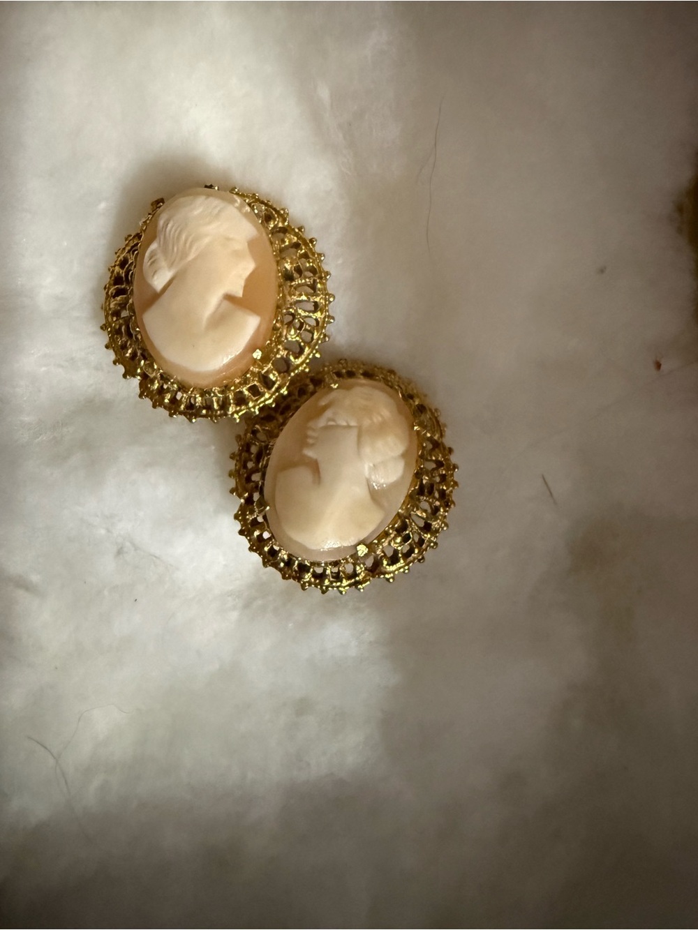 Gold Filigree Cameo Clip-On Earrings in Cream